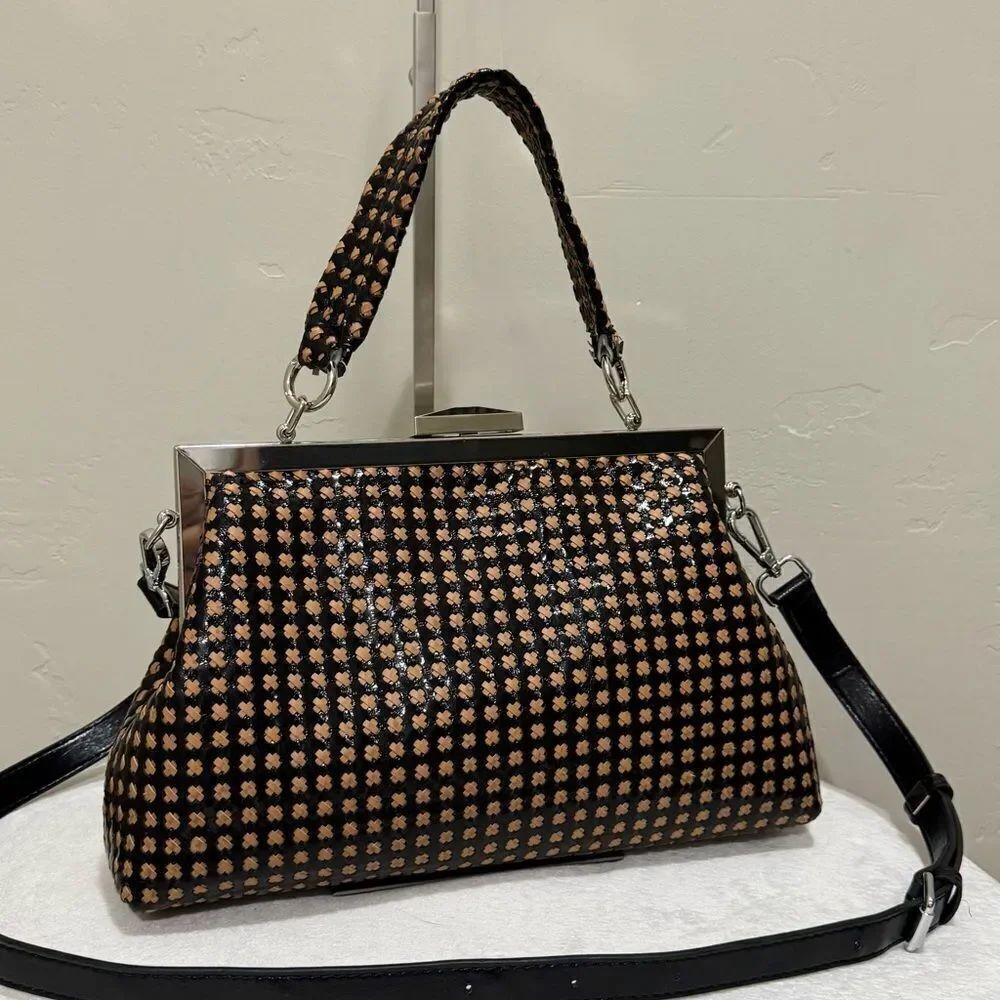 Colorblock Woven Leather Handmade Push Lock & Metal Frame Bag/Multi Use Style